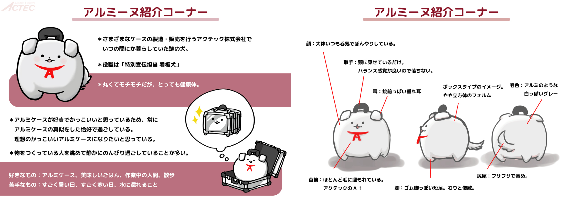 アルミーヌ紹介コーナーの画像。 以下左図の記載文章。 ・さまざまなケースの製造・販売を行うアクテック株式会社でいつの間にか暮らしていた謎の犬。 ・役職は「特別宣伝担当 看板犬」 ・丸くてモチモチだが、とっても健康体。 ・アルミケースが好きでかっこいいと思っているため、常にアルミケースの真似をした恰好で過ごしている。理想のかっこいいアルミケースになりたいと思っている。 ・物をつくっている人を眺めて静かにのんびり過ごしていることが多い。 ・好きなもの：アルミケース、美味しいごはん、作業中の人間、散歩 ・苦手なもの：すごく暑い日、すごく寒い日、水に濡れること 右図は正面、右側面、背面の図説。以下記載文章。 ・顔：大体いつも呑気でぼんやりしている。 ・取手：頭に乗せているだけ。バランス感覚が良いので落ちない。 ・耳：錠前っぽい垂れ耳 ・首輪：ほとんど毛に埋もれている。アクテックのA！ ・脚：ゴム脚っぽい短足。わりと俊敏。 ・ボックスタイプのイメージ。やや立方体のフォルム ・毛色：アルミのような白っぽいグレー ・尻尾：フサフサで長め。